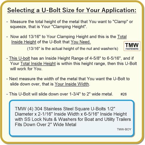 TMW (4) 304 Stainless Steel Square U-Bolts 1/2" Diameter x 2-1/16" Inside Width x 6-5/16" Inside Height with SS Lock Nuts & Washers for Boat and Utility Trailers Fits Down Over 2" Wide Metal in Kuwait