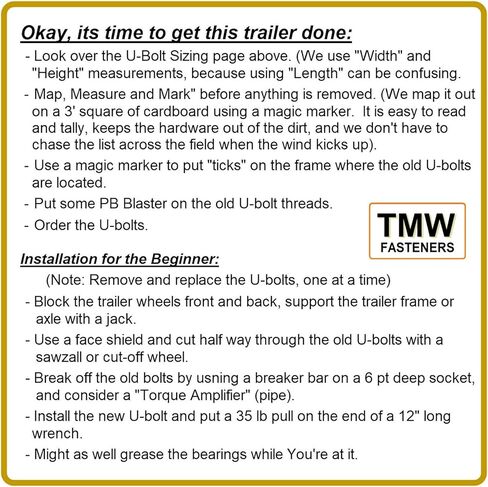 TMW (4) 304 Stainless Steel Square U-Bolts 1/2" Diameter x 2-1/16" Inside Width x 6-5/16" Inside Height with SS Lock Nuts & Washers for Boat and Utility Trailers Fits Down Over 2" Wide Metal in Kuwait