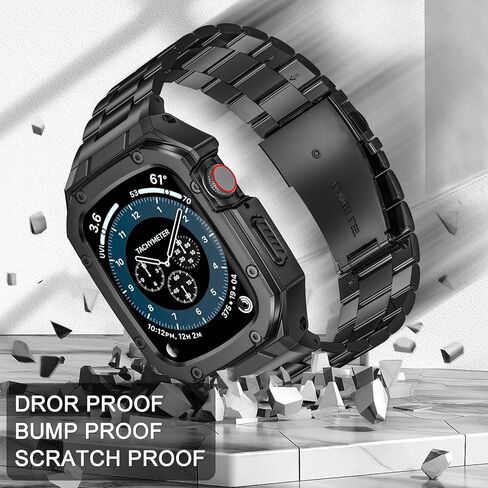 سوار من الفولاذ المقاوم للصدأ مع حافظة متوافقة مع Apple Watch Ultra 2/1 49mm Series SE 9 8 7 6 5 4 3 2 1 38mm 40mm 41mm 42mm 44mm 45mm مع غطاء معدني متين واقٍ لأحزمة iWatch للرجال in Kuwait