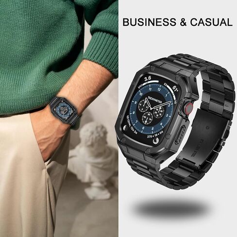 سوار من الفولاذ المقاوم للصدأ مع حافظة متوافقة مع Apple Watch Ultra 2/1 49mm Series SE 9 8 7 6 5 4 3 2 1 38mm 40mm 41mm 42mm 44mm 45mm مع غطاء معدني متين واقٍ لأحزمة iWatch للرجال in Kuwait