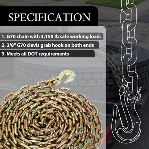 Transport Binder Chain 1/4 inch x 12 Feet, Tow Chain with Clevis Grab Hooks, 3,150 lbs Safe Working Load, Heavy Duty Log Chain for Transporting Towing Tie Down Binding Equipment 1 Pack in Kuwait