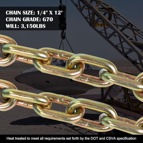 Transport Binder Chain 1/4 inch x 12 Feet, Tow Chain with Clevis Grab Hooks, 3,150 lbs Safe Working Load, Heavy Duty Log Chain for Transporting Towing Tie Down Binding Equipment 1 Pack in Kuwait