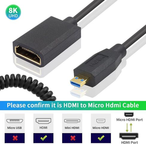 Duttek 8K Micro HDMI to HDMI Coiled Cable 8K@60Hz, 48Gbps, Right Angle HDMI to Micro HDMI 2.1 Cable for Camera, GoPro Hero, Raspberry Pi 5 4 1FT-3FT in Saudi Arabia