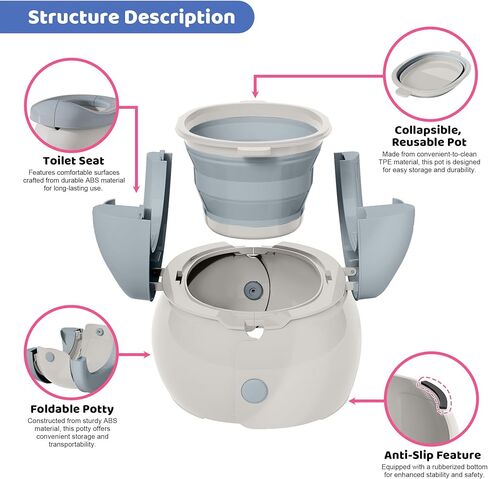 مقعد تدريب محمول على المرحاض 2 في 1 من UNCLE WU، مقعد نونية للسيارة للذهاب، كرسي نونية للأطفال قابل للطي (يتضمن حمل 100 حقيبة) رمادي وأبيض in Kuwait