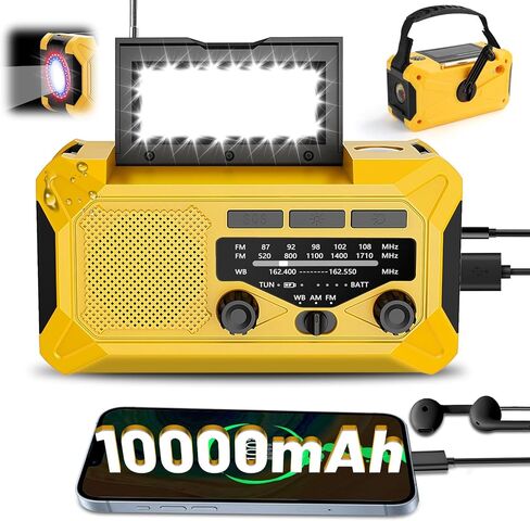 10000mAh Emergency Hand Crank Radio with LED Flashlight, AM/FM NOAA Portable Weather Alert Radio, Solar Powered Radio with Phone Charger, USB Charged, Headphone Jack, SOS Alarm, Compass (Yellow) in Kuwait