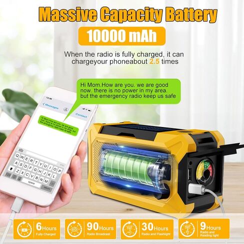 10000mAh Emergency Hand Crank Radio with LED Flashlight, AM/FM NOAA Portable Weather Alert Radio, Solar Powered Radio with Phone Charger, USB Charged, Headphone Jack, SOS Alarm, Compass (Yellow) in Kuwait