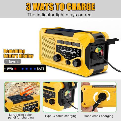 10000mAh Emergency Hand Crank Radio with LED Flashlight, AM/FM NOAA Portable Weather Alert Radio, Solar Powered Radio with Phone Charger, USB Charged, Headphone Jack, SOS Alarm, Compass (Yellow) in Kuwait