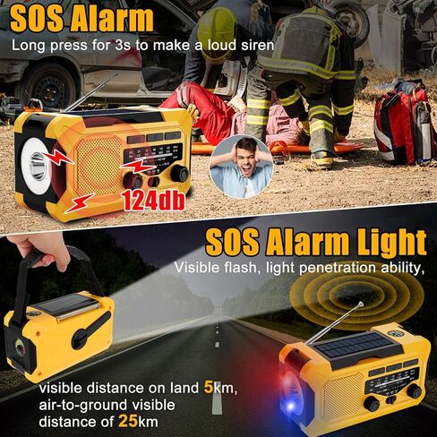 10000mAh Emergency Hand Crank Radio with LED Flashlight, AM/FM NOAA Portable Weather Alert Radio, Solar Powered Radio with Phone Charger, USB Charged, Headphone Jack, SOS Alarm, Compass (Yellow) in Kuwait