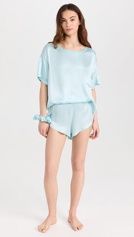 Lunya Women's Washable Silk Tee Shorts and Classic Scrunchie Set in Saudi Arabia