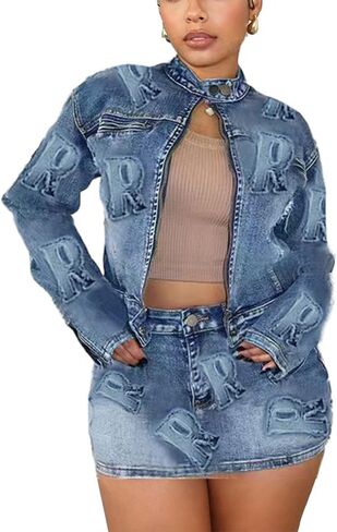 Molilove 2 Piece Denim Skirt Jacket Set Women Zipper Jacket Top Elastic Waist Skirt with Pockets Sweatsuit Tracksuit Sets in Saudi Arabia