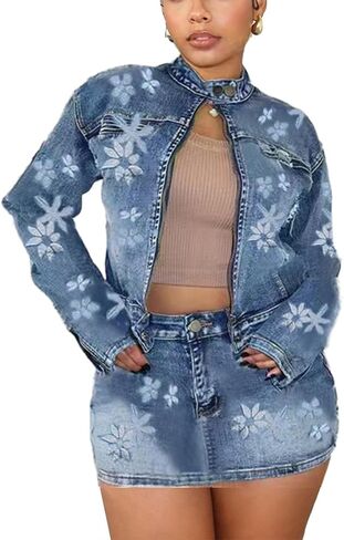 Molilove 2 Piece Denim Skirt Jacket Set Women Zipper Jacket Top Elastic Waist Skirt with Pockets Sweatsuit Tracksuit Sets in Saudi Arabia