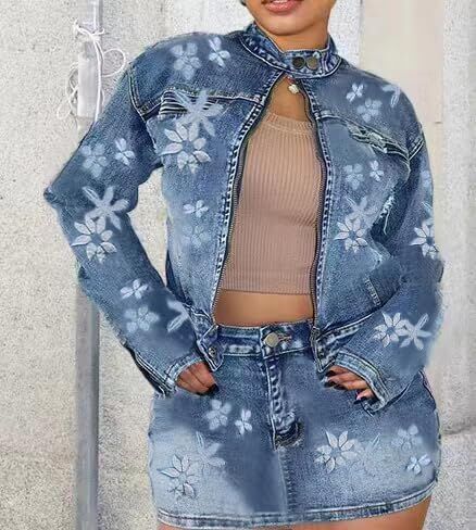 Molilove 2 Piece Denim Skirt Jacket Set Women Zipper Jacket Top Elastic Waist Skirt with Pockets Sweatsuit Tracksuit Sets in Saudi Arabia