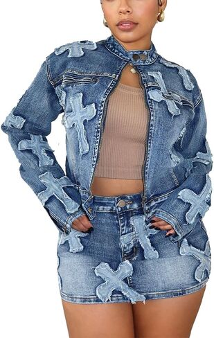 Molilove 2 Piece Denim Skirt Jacket Set Women Zipper Jacket Top Elastic Waist Skirt with Pockets Sweatsuit Tracksuit Sets in Saudi Arabia