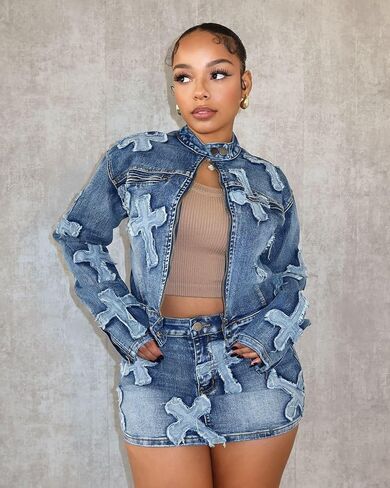 Molilove 2 Piece Denim Skirt Jacket Set Women Zipper Jacket Top Elastic Waist Skirt with Pockets Sweatsuit Tracksuit Sets in Saudi Arabia