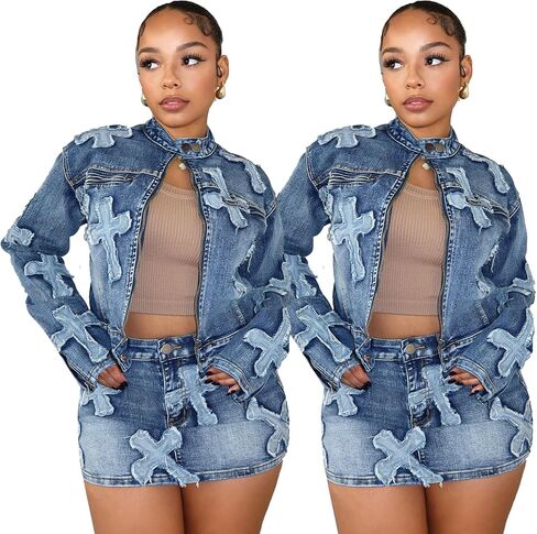 Molilove 2 Piece Denim Skirt Jacket Set Women Zipper Jacket Top Elastic Waist Skirt with Pockets Sweatsuit Tracksuit Sets in Saudi Arabia