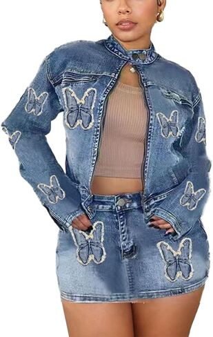 Molilove 2 Piece Denim Skirt Jacket Set Women Zipper Jacket Top Elastic Waist Skirt with Pockets Sweatsuit Tracksuit Sets in Saudi Arabia