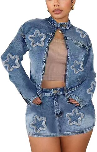 Molilove 2 Piece Denim Skirt Jacket Set Women Zipper Jacket Top Elastic Waist Skirt with Pockets Sweatsuit Tracksuit Sets in Saudi Arabia