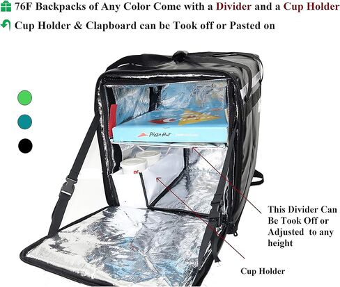PK-76F: Large Doubledeck Insulated Pizza/Food Delivery Backpack, 16"x 15"x 18", with Divider, Cup Holder. Waterproof Thermal Food Take-Out Box, Keep Hot/Cold, 76Liters (Black) in Saudi Arabia