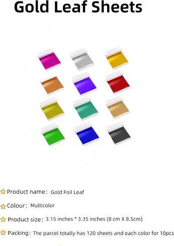 Imitation Gold Leaf Sheets 12 Colors 120 Pieces for Arts Decoration,DIY Crafts,Paintings,Nails,Furniture Decoration,3.15 by 3.35 Inches Gold Leaf Sheets. in Saudi Arabia
