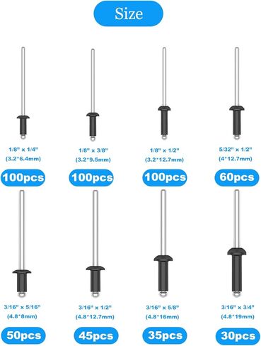 520 قطعة من مسامير الخبز السوداء ذات 8 مقاسات، مجموعة متنوعة من مسامير البوب، قبضة ألومنيوم ومغزل فولاذي مع مقسم معزز وحقيبة تحمل علامة للتخزين in Kuwait