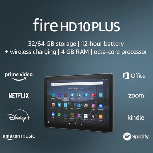 تابلت Fire HD 10 Plus مجدد معتمد، شاشة 10.1 بوصة، دقة Full HD 1080 بكسل، 32 جيجابايت، أحدث طراز (إصدار 2021)، Slate in Saudi Arabia