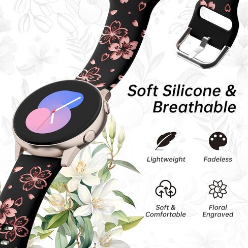 Two-Tone Flower Engraved Bands Compatible with Samsung Galaxy Watch 6/5/4 Band 40mm 44mm, Galaxy Watch 5 Pro 45mm/Watch 6/4 Classic/Active 2,Galaxy Watch 3,20mm Soft Silicone Sport Strap Women in Kuwait