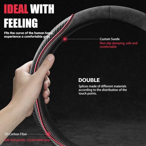 LDJ Carbon Fiber Suede Steering Wheel Cover Universal 15Inch Car Interior Accessories Comfortable Anti-Slip and Odorless D Shaped Sport Style Car Steering Wheel Cover Protector for Women and Men Blue in Saudi Arabia