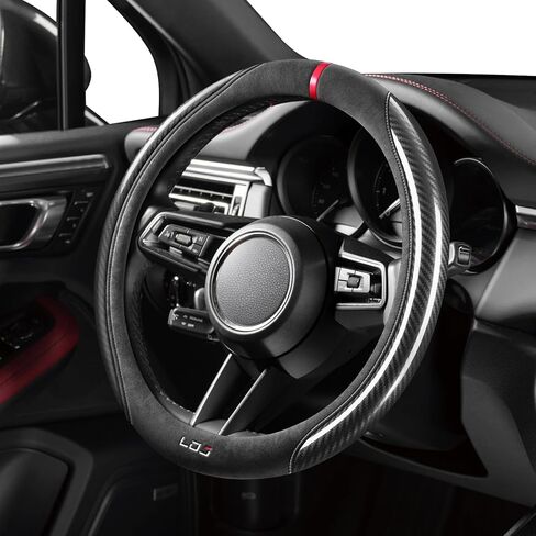 LDJ Carbon Fiber Suede Steering Wheel Cover Universal 15Inch Car Interior Accessories Comfortable Anti-Slip and Odorless D Shaped Sport Style Car Steering Wheel Cover Protector for Women and Men Blue in Saudi Arabia
