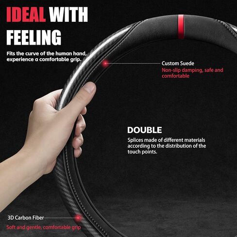 LDJ Carbon Fiber Suede Steering Wheel Cover Universal 15Inch Car Interior Accessories Comfortable Anti-Slip and Odorless D Shaped Sport Style Car Steering Wheel Cover Protector for Women and Men Blue in Saudi Arabia