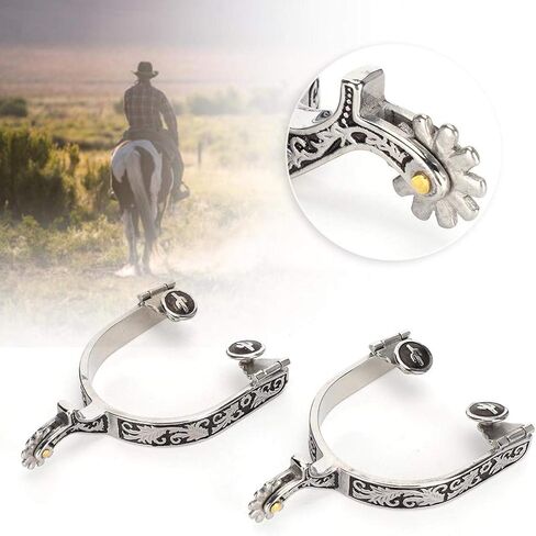 Horse Spurs,Roller Ball Spurs 3.35x3.15inch Stainless Steel Silver Engraved Bumper Spurs Style Horse Boot Spurs with Gear for Horse Training in Saudi Arabia