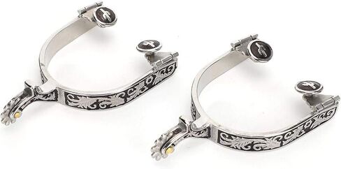 Horse Spurs,Roller Ball Spurs 3.35x3.15inch Stainless Steel Silver Engraved Bumper Spurs Style Horse Boot Spurs with Gear for Horse Training in Saudi Arabia