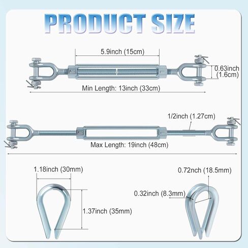 خطاف وصلة ربط المقطورة، 1/2 "M12 الفك والفك الفولاذي المجلفن بالغمس الساخن 2200 رطل حبل سلك كابل التوتر وحبل الأسلاك الكشتبانات مجموعة لأشرعة الظل، ملحقات العريشة كابل خط الرمز البريدي in Kuwait