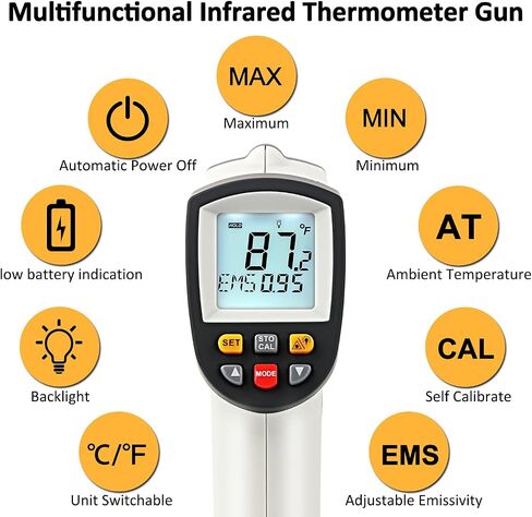 Digital Infrared Laser Thermometer Cooking Gun with Adjustable Emissivity -58°F ~ 788°F, Touchless Kitchen Laser Food Thermometer Temp Gun for Soap Candy Making Oven BBQ Gray (Gray) in Saudi Arabia