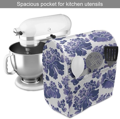 Ambesonne Floral Stand Mixer Cover, Watercolor Painting Style Chinese Flower Ornaments on White Backdrop, Kitchen Appliance Organizer Bag Cover with Pockets, 6-8 Quarts, Blue in Saudi Arabia
