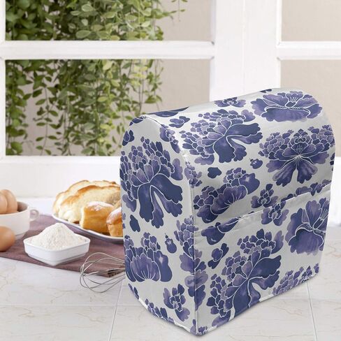 Ambesonne Floral Stand Mixer Cover, Watercolor Painting Style Chinese Flower Ornaments on White Backdrop, Kitchen Appliance Organizer Bag Cover with Pockets, 6-8 Quarts, Blue in Saudi Arabia
