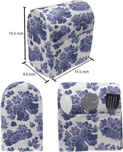 Ambesonne Floral Stand Mixer Cover, Watercolor Painting Style Chinese Flower Ornaments on White Backdrop, Kitchen Appliance Organizer Bag Cover with Pockets, 6-8 Quarts, Blue in Saudi Arabia