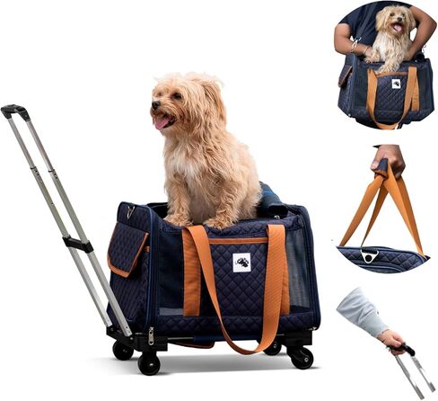 Pet Carrier Airline Approved with Wheels - Dog Carrier with Wheels, Rolling Cat Carrier with Retractable Handle & Removable Wheels, TSA Approved Dog Carrier, Pet Carrier on Wheels Under 20 lbs (Cream) in Saudi Arabia