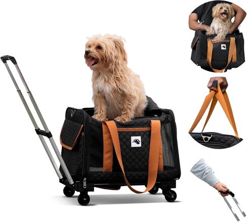 Pet Carrier Airline Approved with Wheels - Dog Carrier with Wheels, Rolling Cat Carrier with Retractable Handle & Removable Wheels, TSA Approved Dog Carrier, Pet Carrier on Wheels Under 20 lbs (Cream) in Saudi Arabia