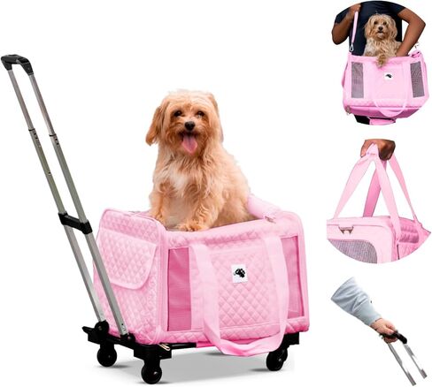 Pet Carrier Airline Approved with Wheels - Dog Carrier with Wheels, Rolling Cat Carrier with Retractable Handle & Removable Wheels, TSA Approved Dog Carrier, Pet Carrier on Wheels Under 20 lbs (Cream) in Saudi Arabia