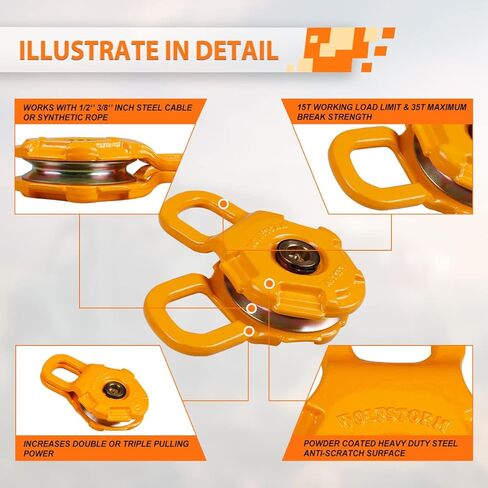 WOLFSTORM Snatch Block - 77000 رطل أقصى قوة للكسر، 33000 رطل حمل العمل - بكرة ونش لحبل / كابل اصطناعي مقاس 3/8 بوصة، سعة ونش مزدوجة / ثلاثية - أفضل ملحقات التعافي على الطرق الوعرة (أسود) in Kuwait