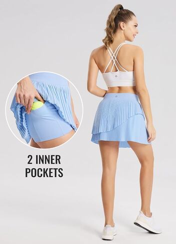 BALEAF Womens Pleated Tennis Skirt Double Layered Flowy Golf Skorts High Waisted with Shorts Pockets Athletic Running in Saudi Arabia