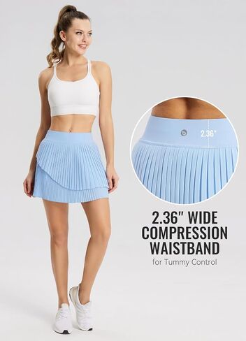BALEAF Womens Pleated Tennis Skirt Double Layered Flowy Golf Skorts High Waisted with Shorts Pockets Athletic Running in Saudi Arabia