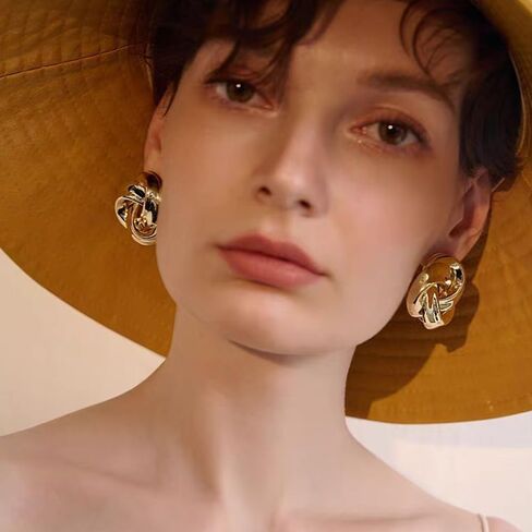 أقراط ذهبية كبيرة على شكل عقدة أقراط معدنية كبيرة مكتنزة أقراط عصرية للنساء والفتيات هدية in Kuwait