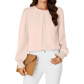 Vrtige Women's Dressy Casual Pleated Crew Neck Long Sleeve Shirt Office Work Chiffon Blouse Tops in Saudi Arabia