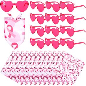 12 Set Breast Cancer Awareness Bandana and Heart Glasses Pink Ribbon Sunglasses Bandanas Bulk for Women Breast Cancer Charity Event Survivor Campaign Party Supplies in Kuwait
