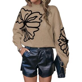 MakeMeChic Women's Mock Neck Fall Sweater Floral Long Sleeve Drop Shoulder Pullover Tops in Kuwait