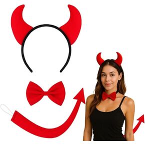 Devil Costume Accessories Set – 3Pcs Red Devil Horns Headband, Bow Tie and Tail for Kids, Girls, Boys – Halloween Dress Up, Cosplay Party Supplies in Kuwait