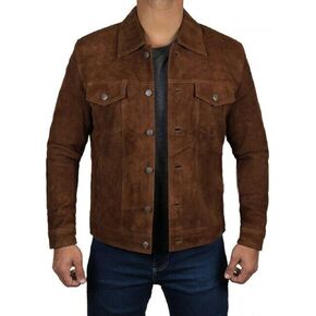 Men's Logan Cowboy Style Brown trucker Suede Leather Jacket With Free of Cost T-Shirt in Saudi Arabia
