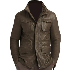 Men's Leather Coat Biker Motorcycle Real Lambskin Field Brown Coat With Pockets in Kuwait