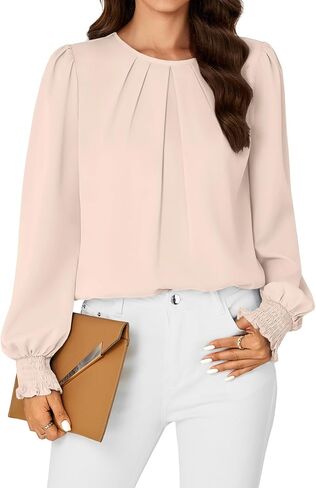 Vrtige Women's Dressy Casual Pleated Crew Neck Long Sleeve Shirt Office Work Chiffon Blouse Tops in Saudi Arabia